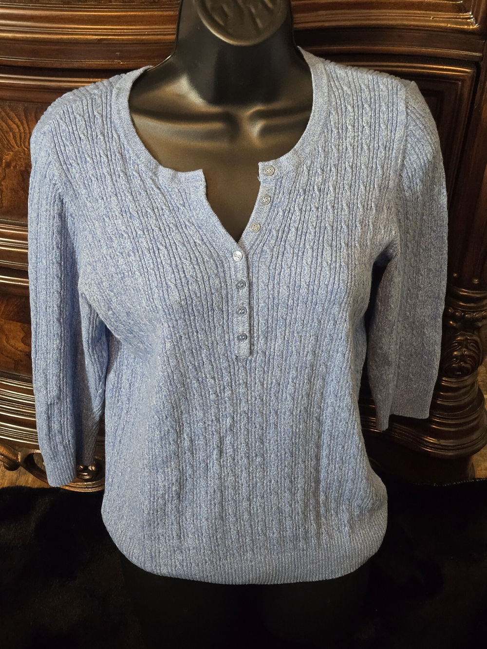 Karen Scott S Blue Cable Knit Henley Sweater 3/4 Sleeve 100% Cotton Preppy